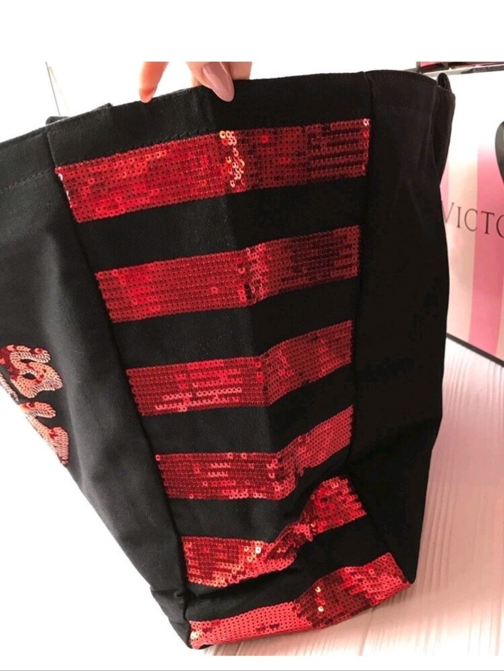 Victoria's Secret Black Tote with Red Sequin Logo and Striped Accents - Picture 3 of 9